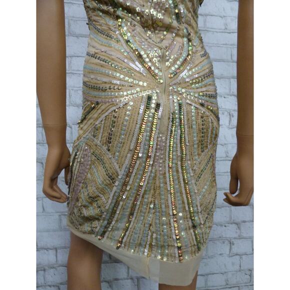 $1400 Jean Louis Scherrer Sequin Beaded Beize Mini Sheath Dress Small NEW - Picture 12 of 13